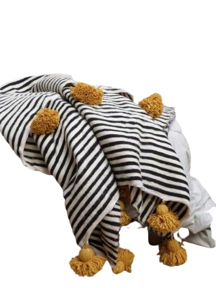 Premium Moroccan Wool Blanket - Soft Woven Throw with Tassels & Pompoms (94