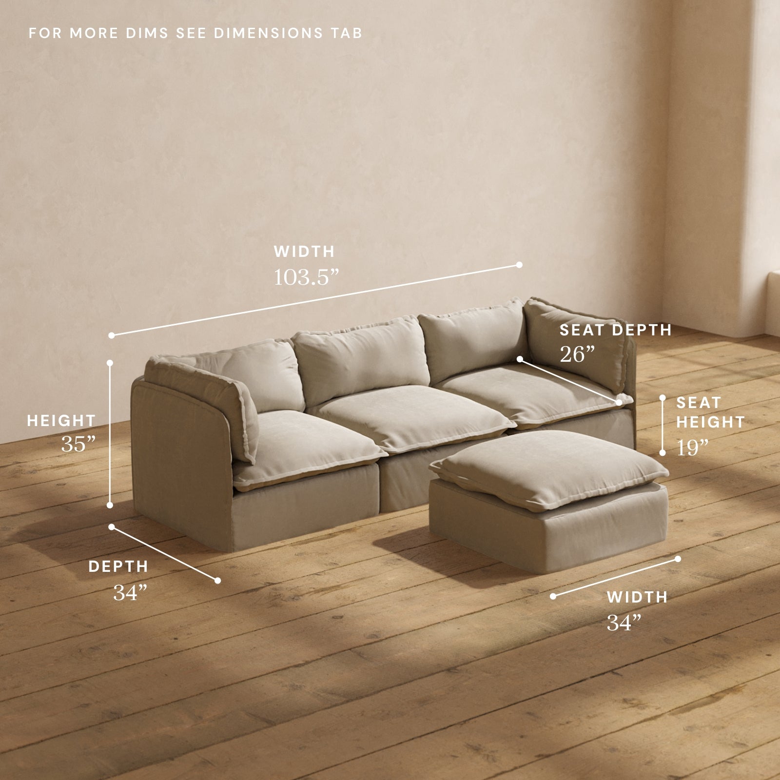 Modular Performance 3-Seater Sofa with Ottoman in Dune Color | Modern Linen Blend Fabric | Perfect for Living Room, Lounge & Family Room Relaxation