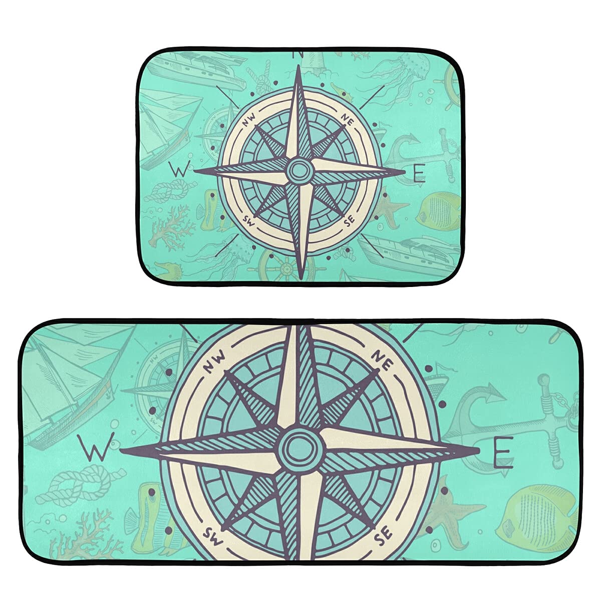 Vintage Compass Navigation Non-Slip Washable Kitchen Rugs Set of 2 - Anti-Skid Floor Mats for Kitchen, Sink, Laundry & Office - Perfect for Home Decor and High Traffic Areas