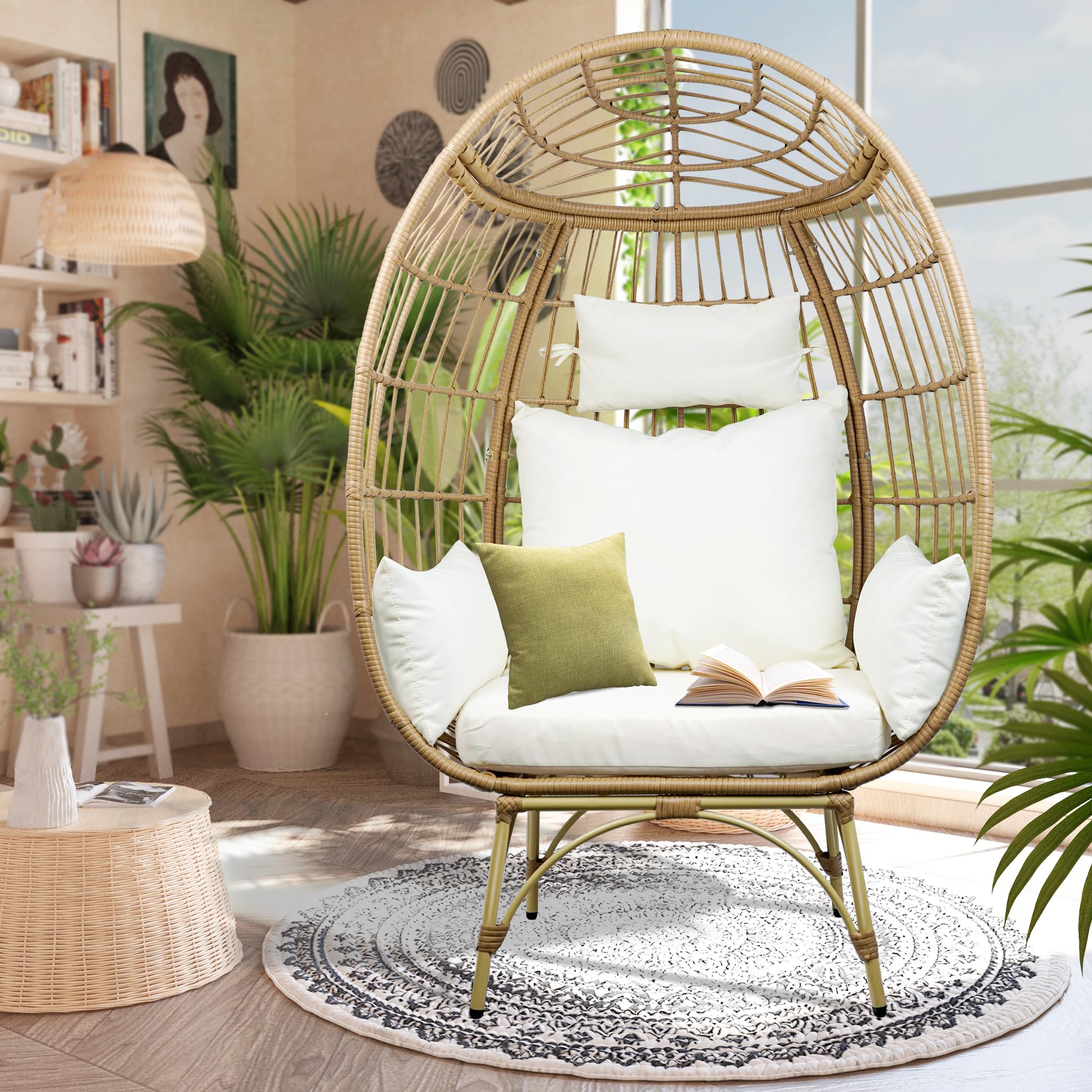 All-Weather Oversized Wicker Egg Chair - Indoor/Outdoor Rattan Hanging Lounge Chair for Patio, Living Room, Balcony & Backyard | Perfect for Relaxing, Reading & Sunbathing