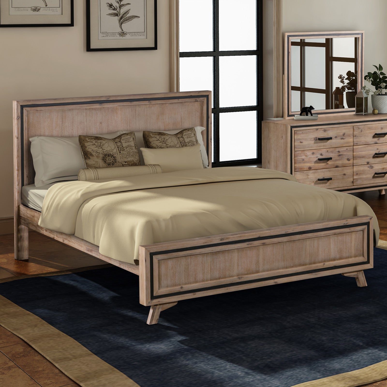 Luxury King Size Bed Frame - Solid Acacia Wood Construction with Oak & Brushed Silver Finish | Coastal & Modern Bedroom Decor for Master Suite