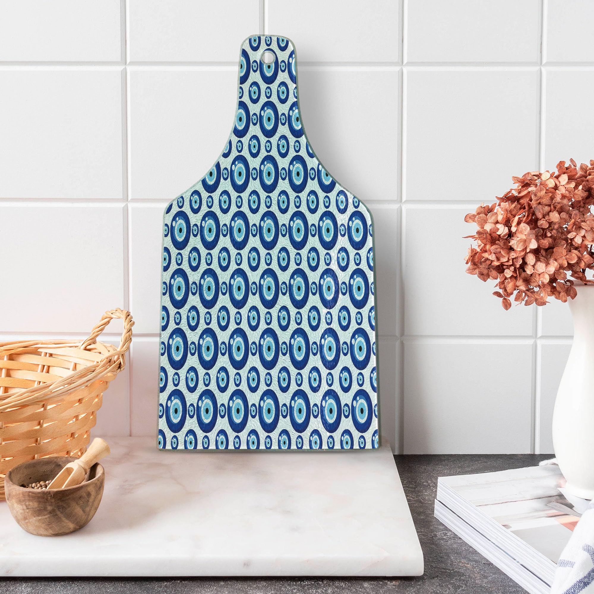 Ambesonne Evil Eye Cutting Board - Tempered Glass Serving Board with Turkish Ethnic Symmetrical Pattern, Blue Pale Blue White Wine Bottle Shape - Perfect for Kitchen Prep, Charcuterie Serving & Home Decor