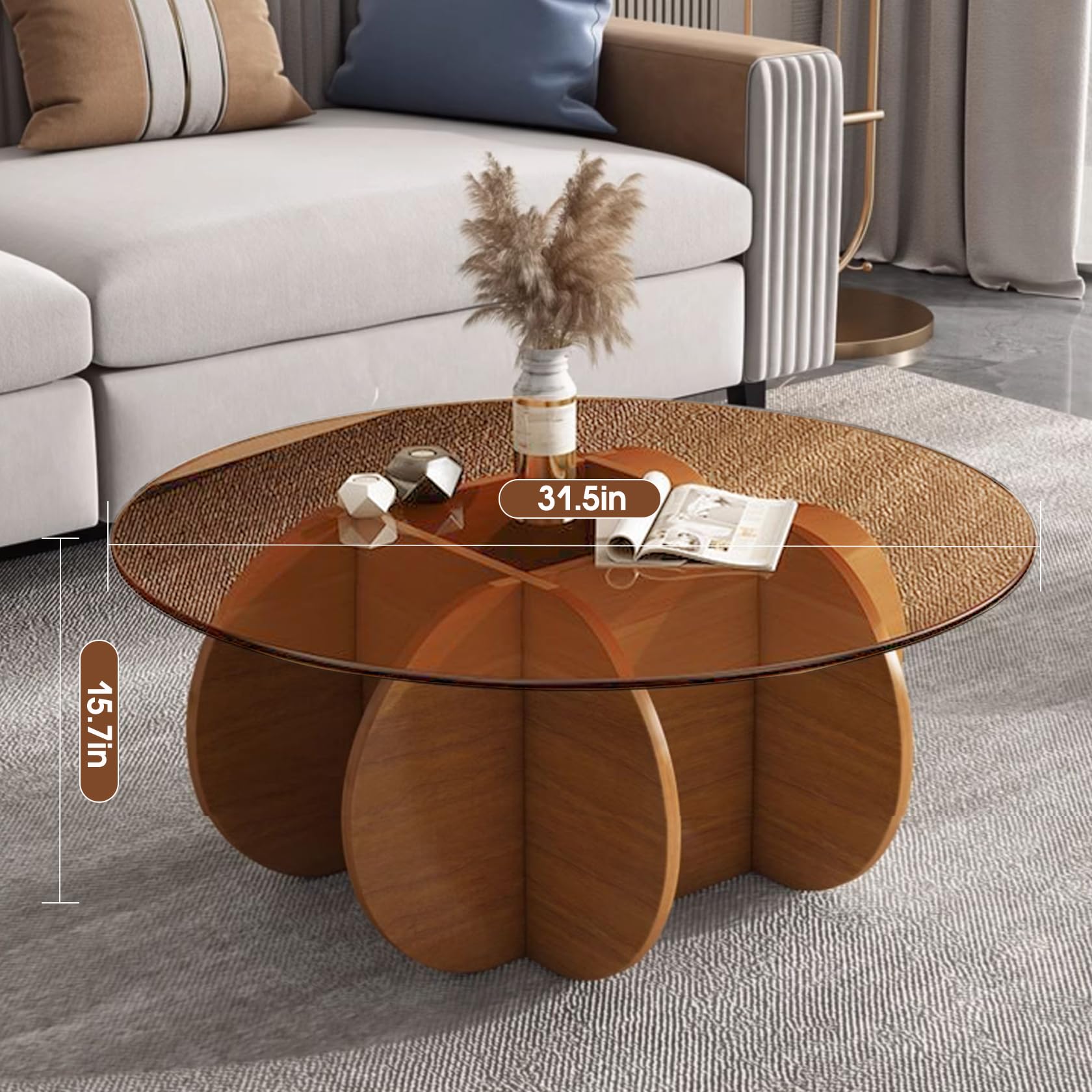 Modern Round Coffee Table with Solid Wood Legs - 31.5