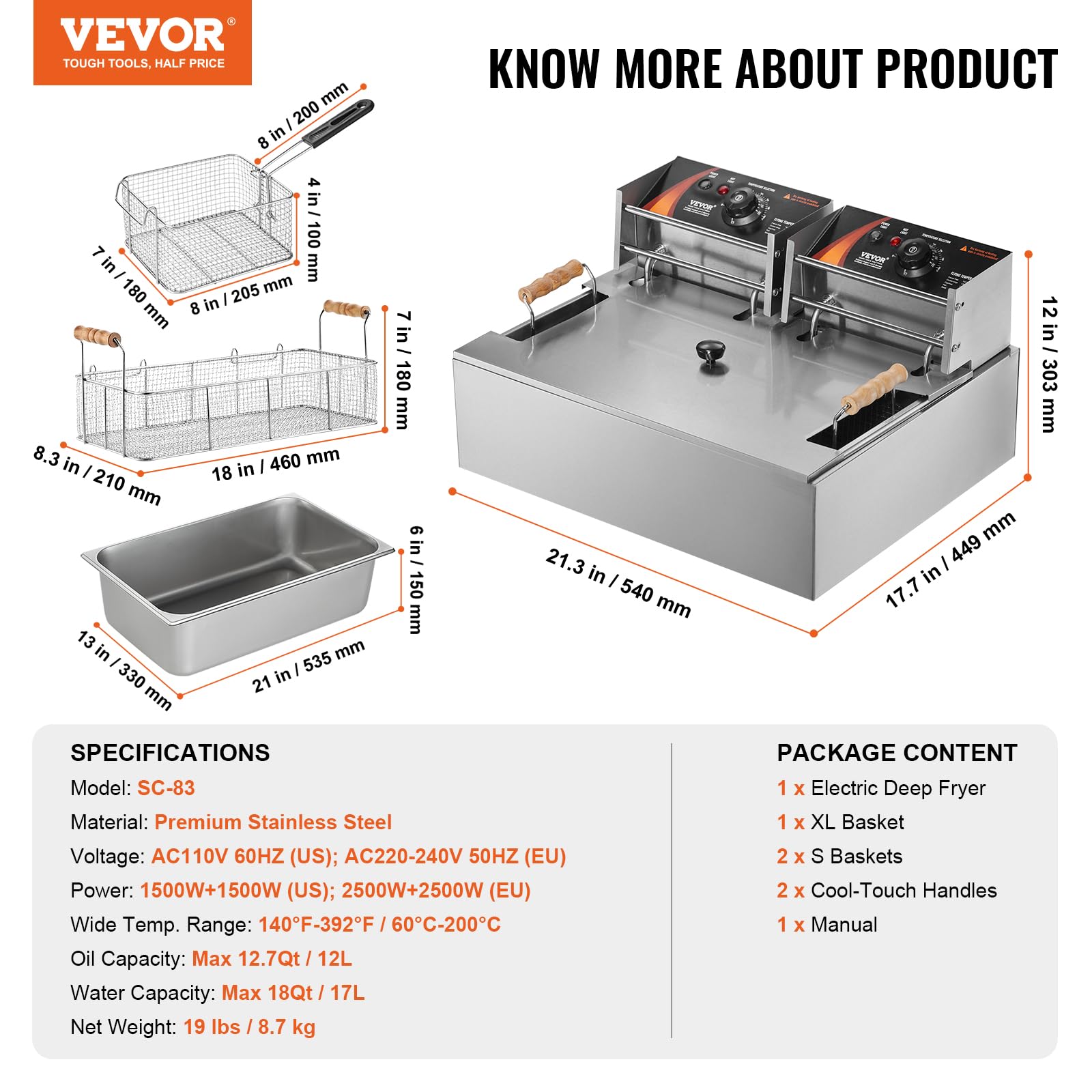 VEVOR 3000W Commercial Deep Fryer with 3 Removable Baskets, 18Qt Stainless Steel Electric Turkey Fryer for Restaurant & Home Kitchen - Perfect for Frying Chicken, Fish, French Fries & More