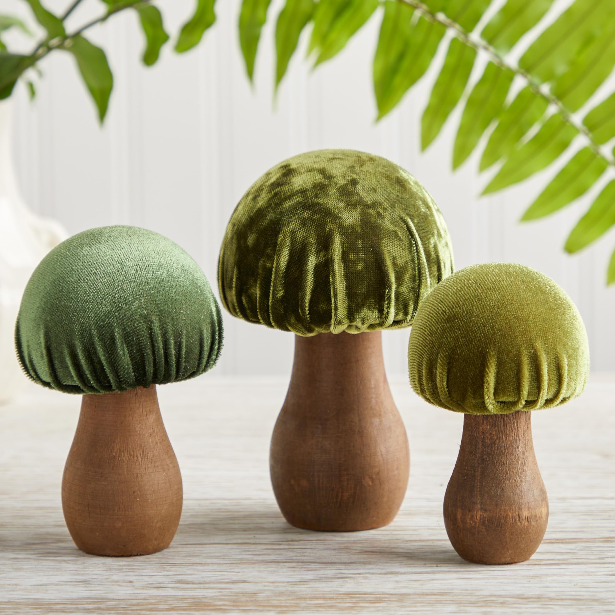 Velvet Mushrooms Set of 3 - Decorative Shelf Sitters & Mantel Decor for Home, Perfect Gift for Nature Lovers, Wedding Centerpiece or Everyday Tablescape (Green) - Ideal for Living Room, Bedroom & Cottage Decor