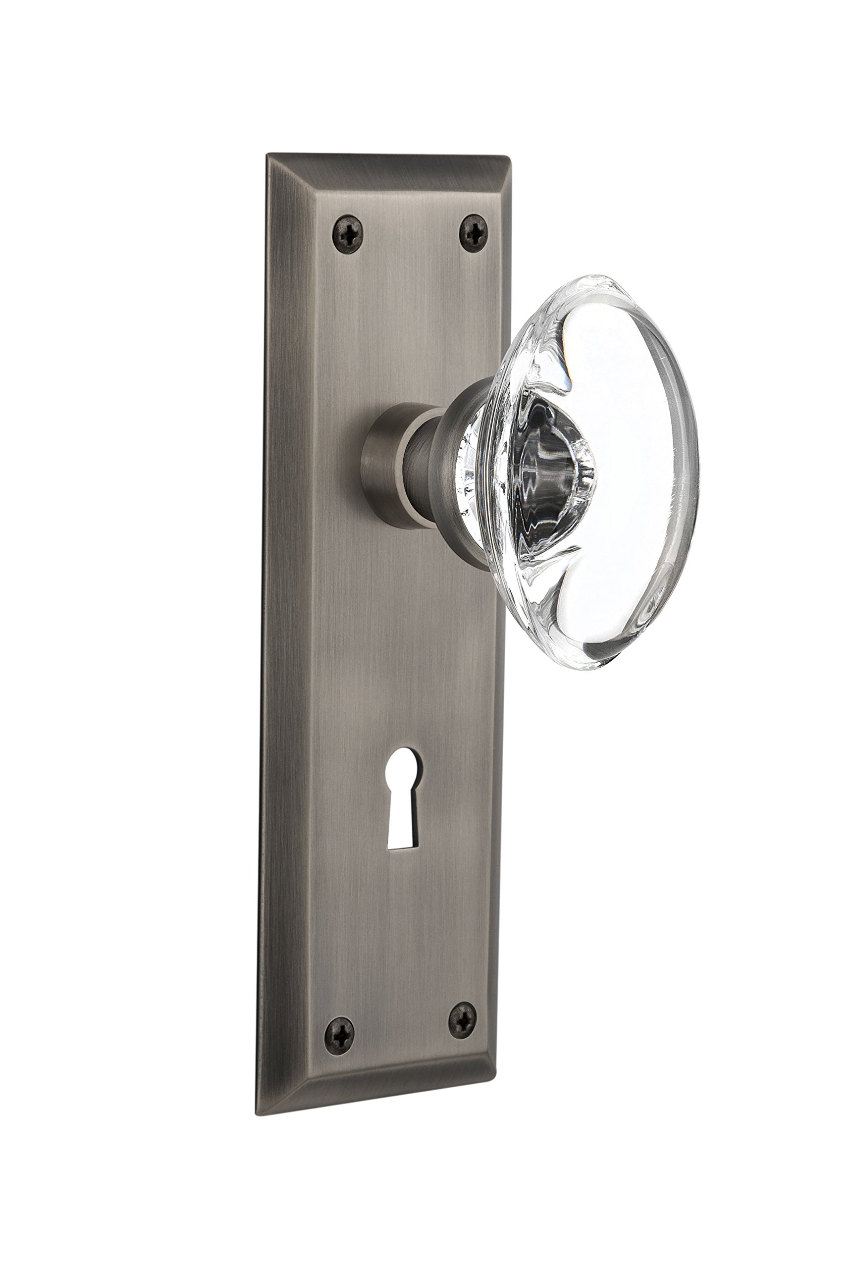 Antique Pewter New York Plate with Keyhole Oval Clear Crystal Glass Knob - Nostalgic Warehouse 711684, 2.375