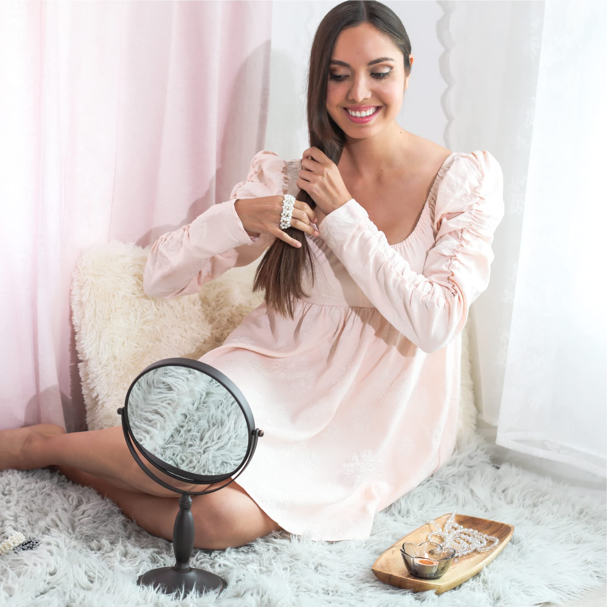 OVENTE 8-Inch Double-Sided Vanity Mirror with 1X/7X Magnification, 360° Swivel Stand - Antique Bronze Makeup Mirror for Dresser, Bedroom & Office Desk | Perfect for Applying Makeup, Skincare & Grooming