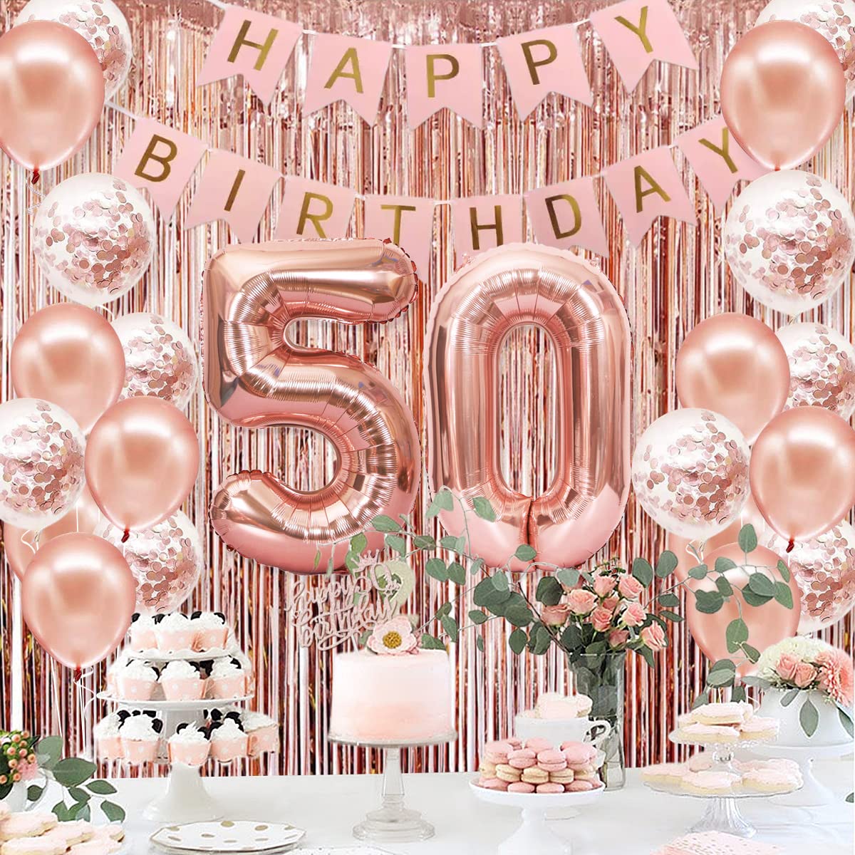 50th Birthday Party Decorations for Women - Rose Gold Happy 50th Birthday Banner, Crown, Sash, Cake Topper & Number Balloons Set - Perfect for Milestone Celebrations, Surprise Parties & Photo Backdrops