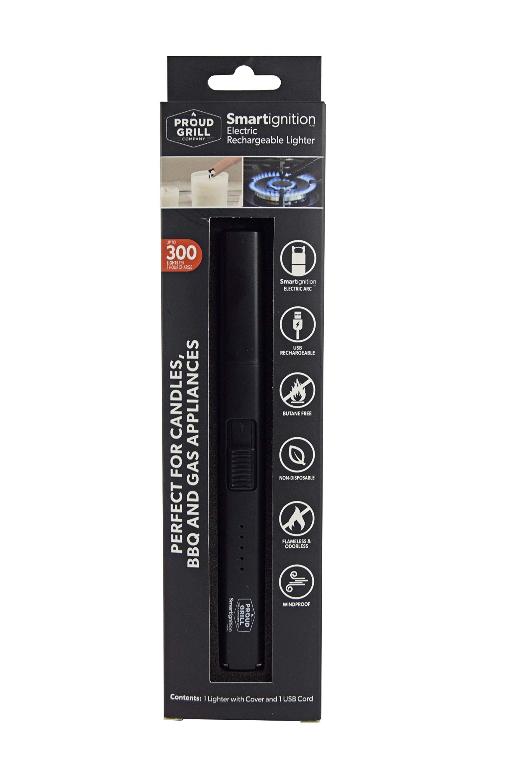 Proud Grill Smartignition Rechargeable Electric Lighter - Matte Black | USB-C Charging | Windproof & Waterproof | Perfect for Candles, Grills, Fireplaces, Camping & Outdoor Cooking | Portable, Odor-Free & Eco-Friendly Alternative to Disposable Lighters