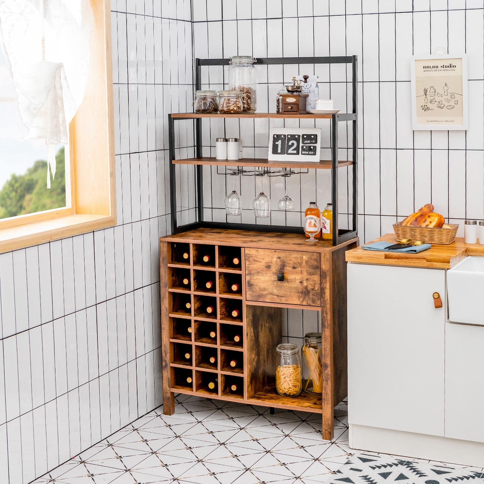 Giantex 18-Bottle Wine Cabinet & Buffet Hutch with Storage Drawer - Wooden Sideboard Wine Rack, Metal Spice Bakers Rack with Glass Holder - Kitchen Microwave Stand for Living Room & Dining Room (Rustic Brown) | Perfect for Wine Storage, Kitchen Organization & Home Decor