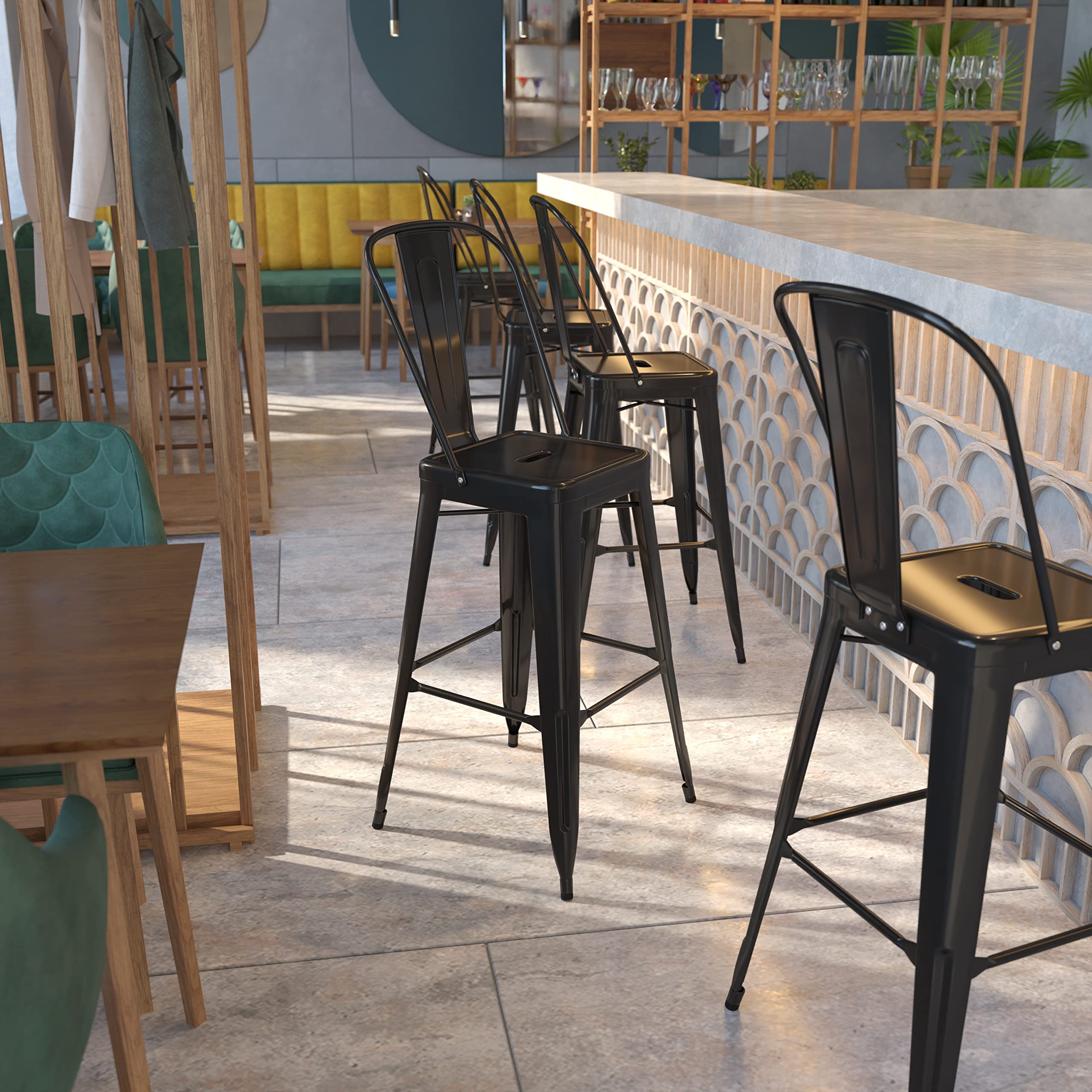 EMMA + OLIVER 30 Inch Black Metal Bar Stool with Back - Heavy Duty Commercial Grade Indoor Outdoor Counter Height Stool for Kitchen Island, Bar, Restaurant & Patio Use