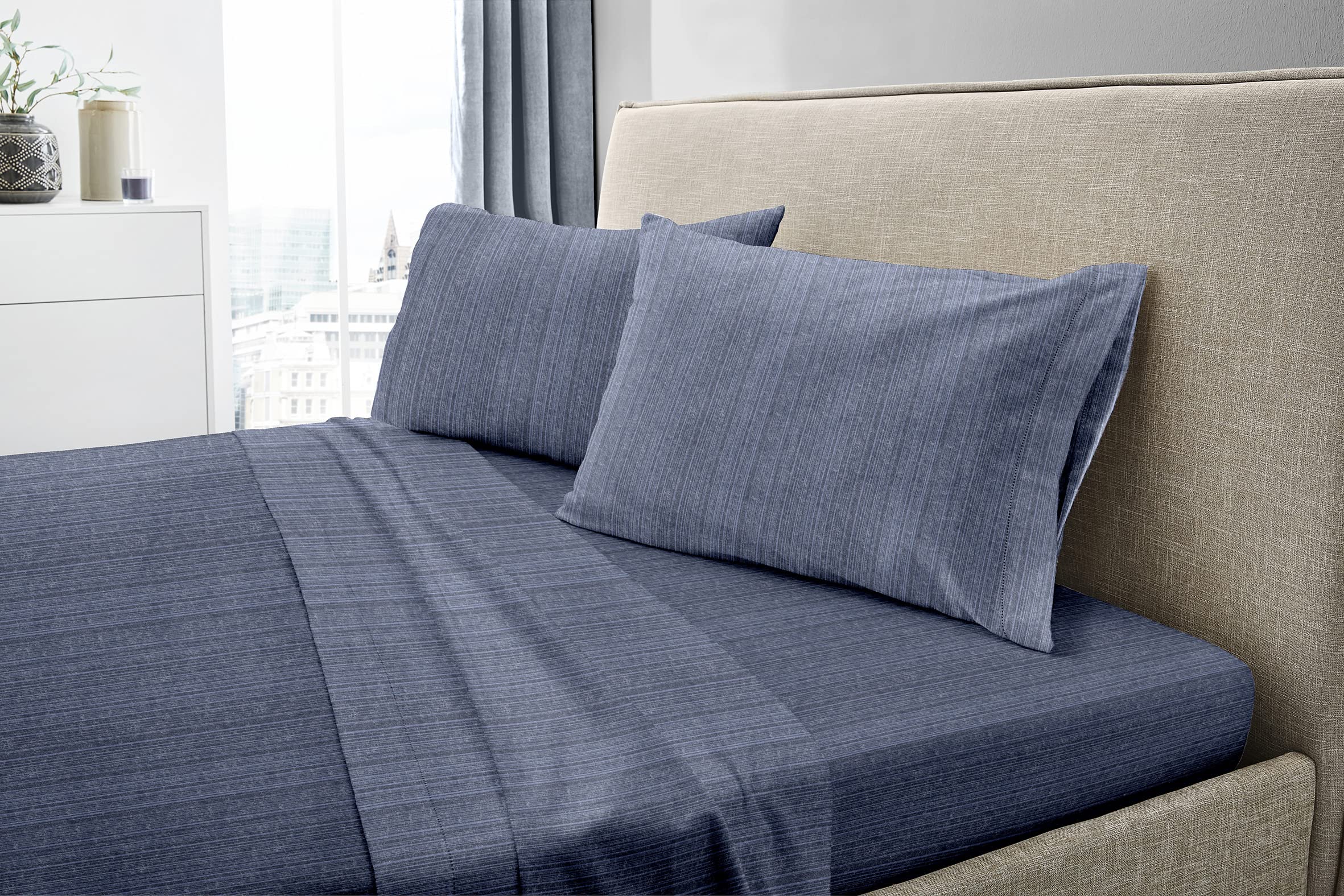 Premium German Flannel Sheets & Pillowcases Set - 4 Piece Twin Size, Soft Blue Stripe Bedding - Cozy Winter Warmth for Cold Nights & Guest Room Comfort
