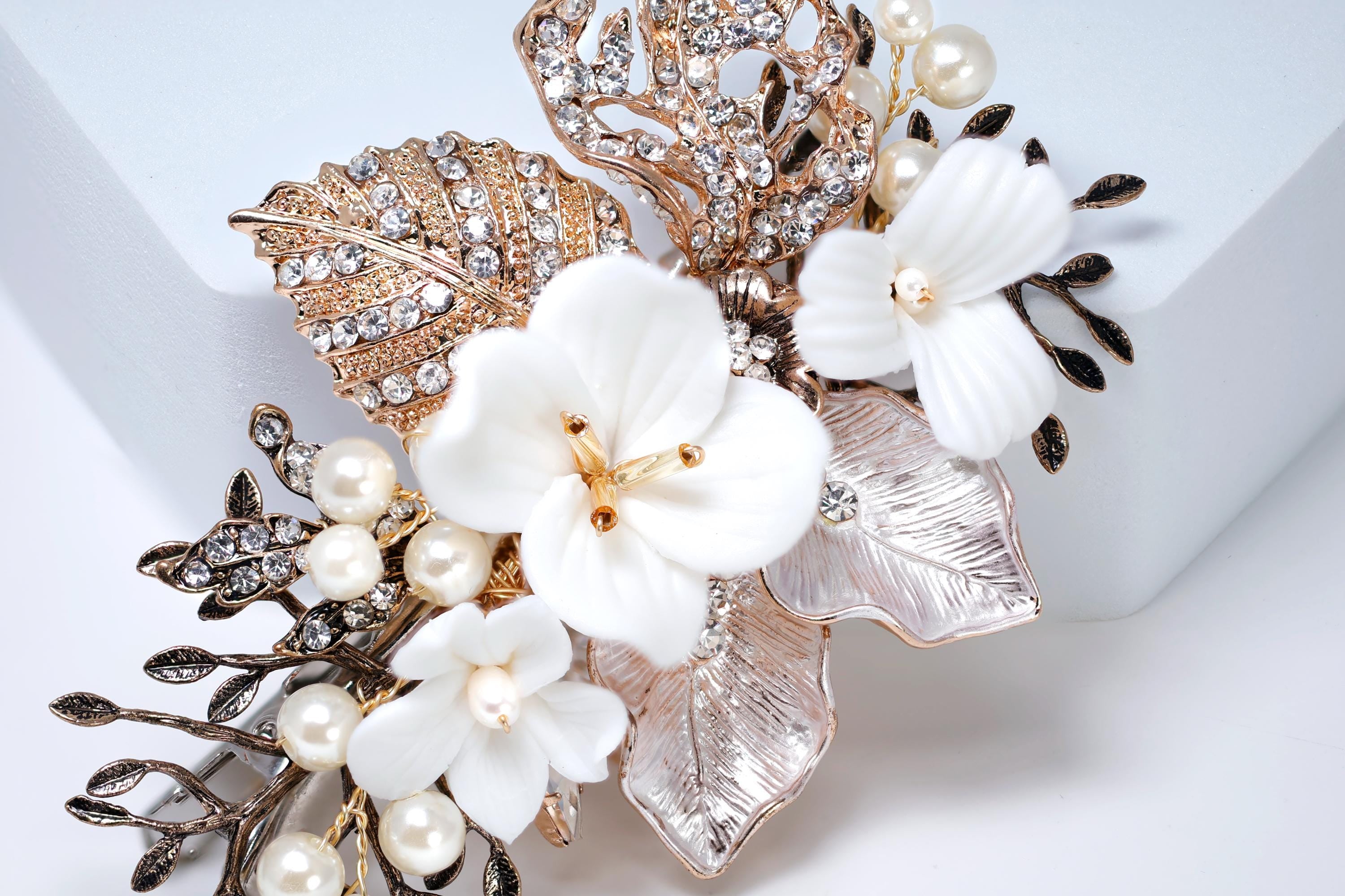 Swarovski Crystal Porcelain White Flower Hair Clip - Elegant Bridal Hair Accessory for Wedding, Bridesmaid Gift, Heirloom Hairpin (Perfect for Bridal Shower, Engagement Party & Formal Events)