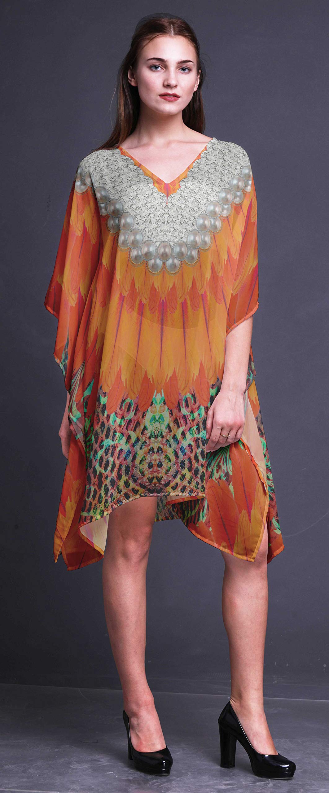 Women's Floral Short Beach Kaftan - Lightweight Bikini Cover Up Dress with Pockets, Summer Beachwear Swimwear Coverup for Pool, Vacation & Tropical Getaways