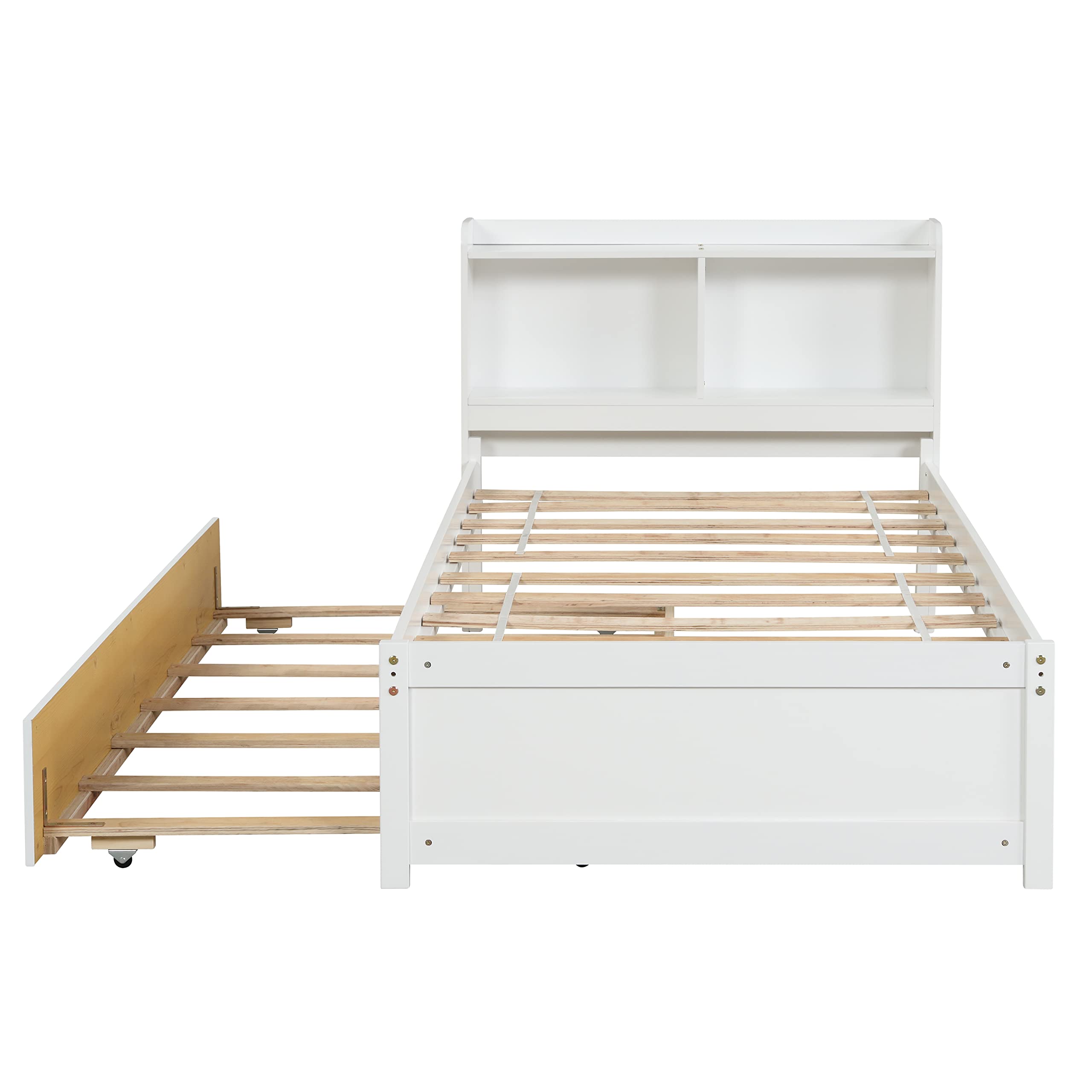 HomSof Twin Bed with Trundle and Bookcase - White Wooden Daybed for Kids & Teens - Perfect for Small Bedrooms, Guest Rooms & Dormitories