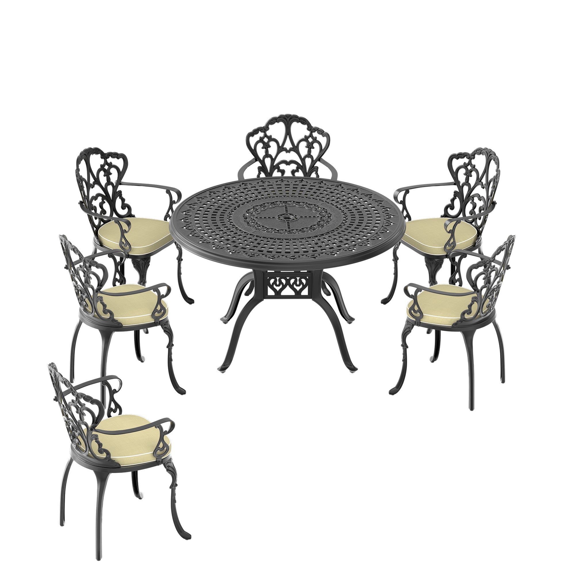 7-Piece Cast Aluminum Patio Furniture Set with Cushions - Outdoor Dining & Lounge Chairs in Random Colors - Perfect for Garden, Poolside & Backyard Relaxation (Item Code: W1710S00096)