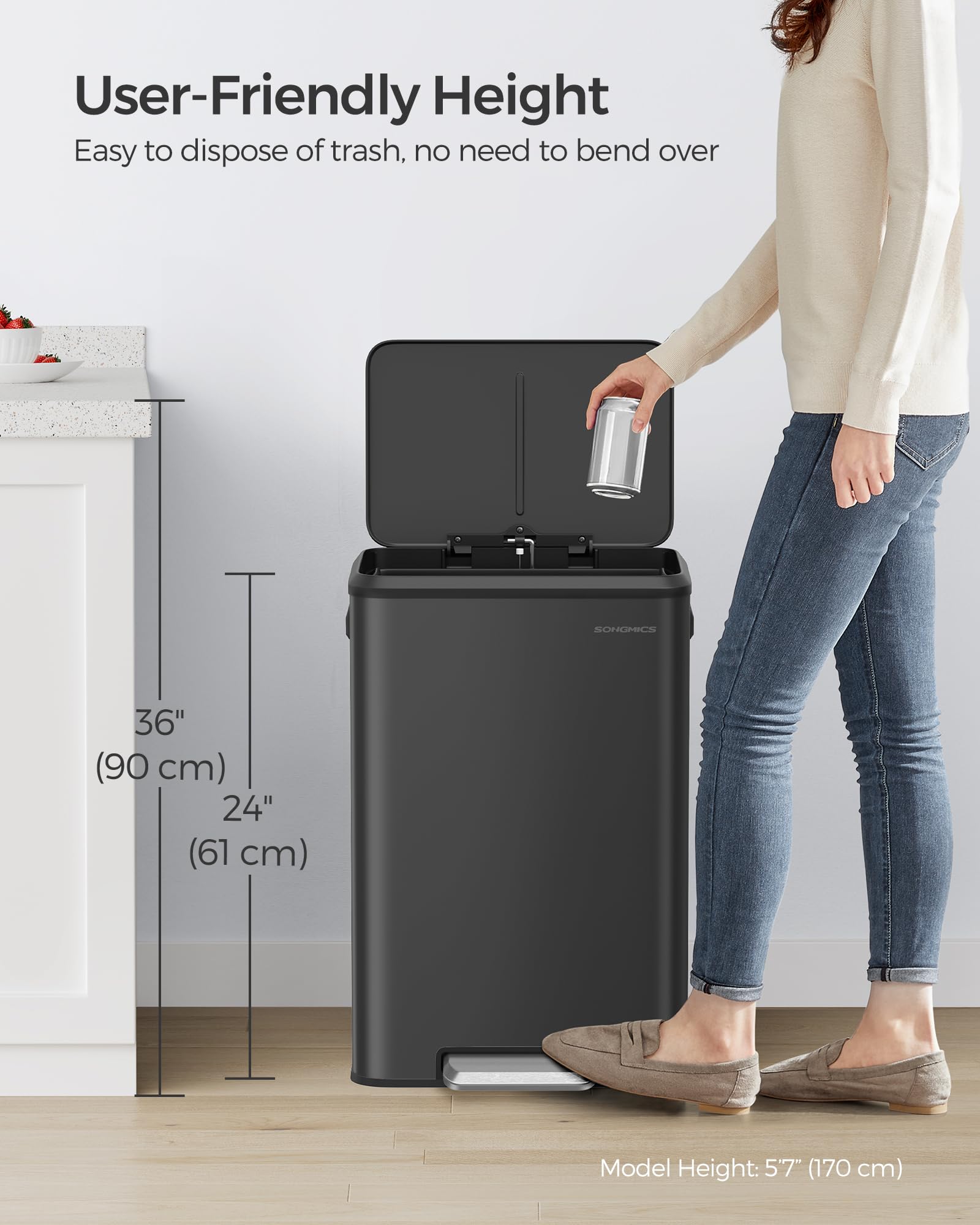 SONGMICS 10.5-Gallon (40L) Stainless Steel Kitchen Trash Can with Lid - Wide Foot Pedal, Soft Close & Stay Open Feature - Perfect for Home, Office & Restaurant Use - Black (ULTB541B40)