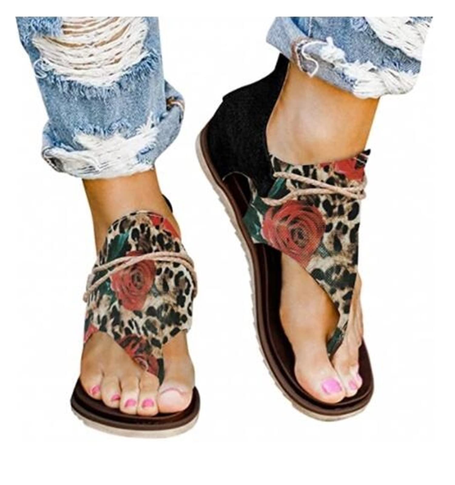 Women's Summer Sandals - Leopard & Floral Print Retro Flip Flops with Butterfly Design | Lightweight Bohemian Thong Sandals for Beach, Outdoor & Casual Wear | Roman Gladiator Flat Sandalias for Women