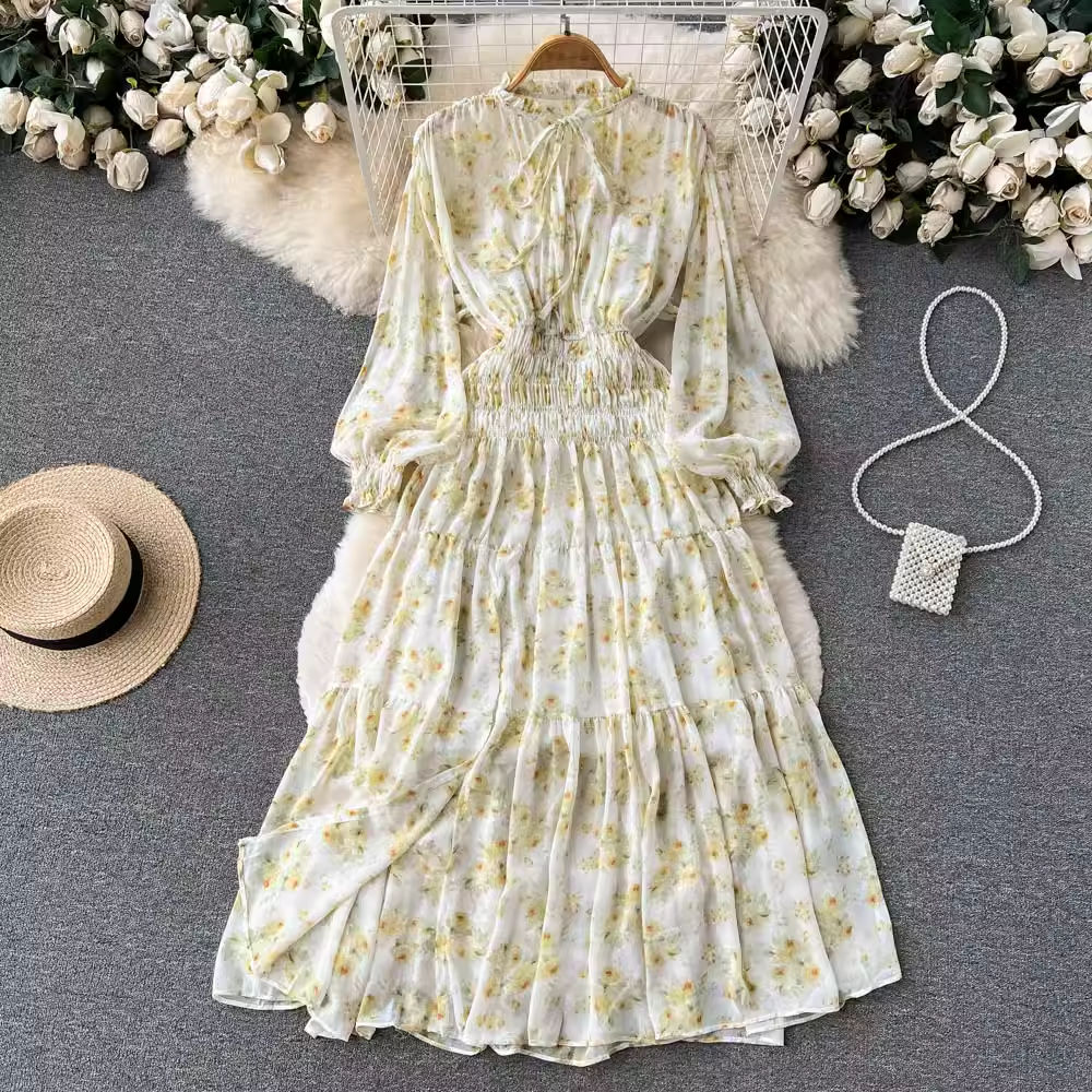Elegant Long Sleeve Chiffon Floral Dress for Women - Spring & Autumn Fashion - Perfect for Office, Party & Date Night