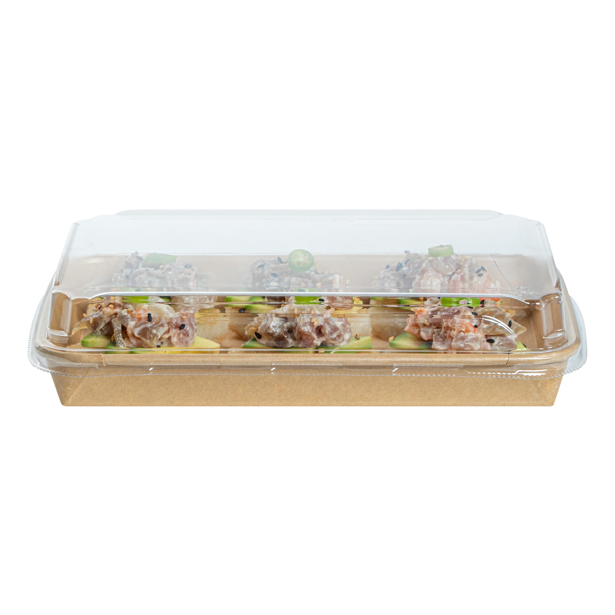 Matsuri Vision 8.8 x 5.5 x 1.2 Inch Clear Plastic Dome Lids for Sushi Containers - 50 Pack Airtight No-Fog Lids (Containers Sold Separately) - Perfect for Sushi Restaurants, Catering & Takeout Boxes