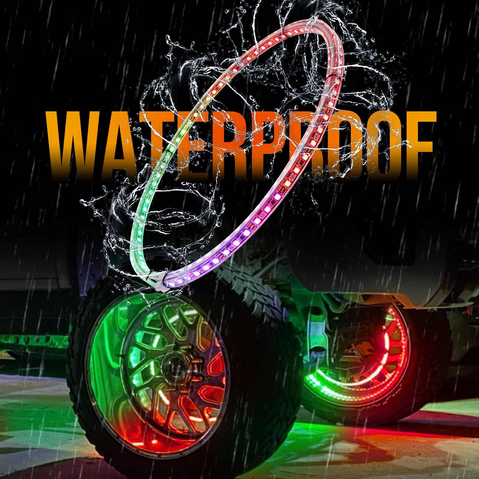 4PCS Brightest 17-inch Strobe LED Wheel Ring Lights for Cars - Double Row Dancing Chasing Colors with Turn Signal & Braking Function - Perfect for Night Driving, Car Shows & Vehicle Customization