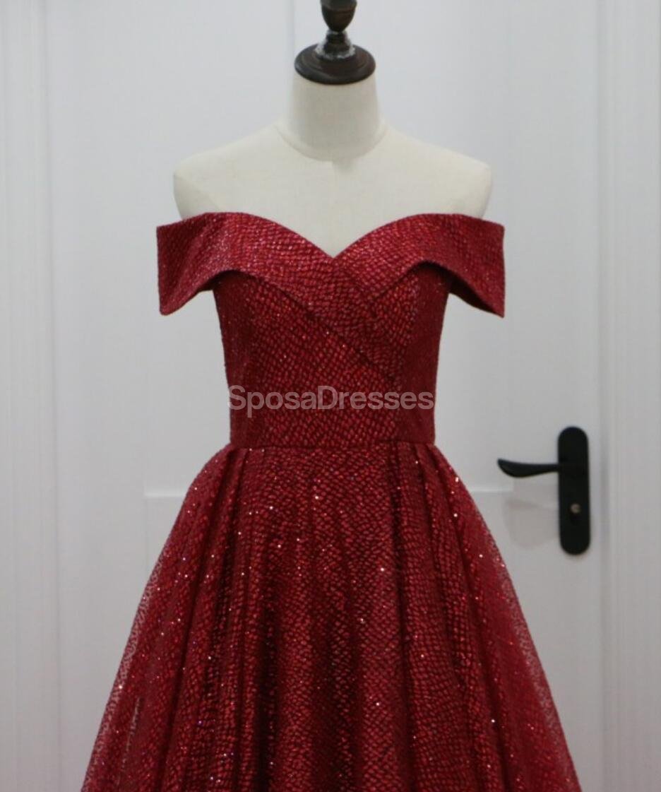 Elegant Off Shoulder Dark Red Sparkly A-Line Long Evening Prom Dress for Women - Formal Gown for Parties, Homecoming, and Special Occasions