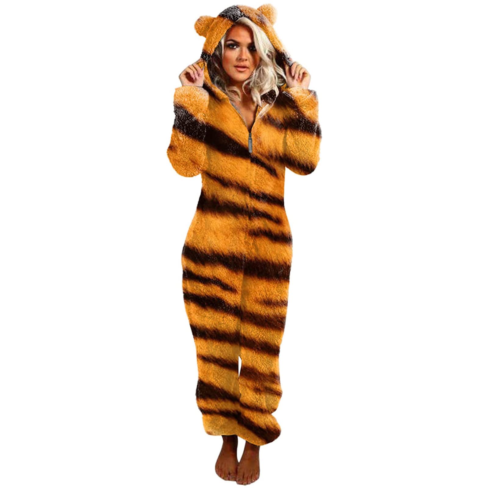 **Unisex Leopard Print Plush Hooded Onesie Pajamas - Long Sleeve Adult Jumpsuit with Zipper for Women & Men - Cozy Loungewear for Winter Nights & Movie Marathons**