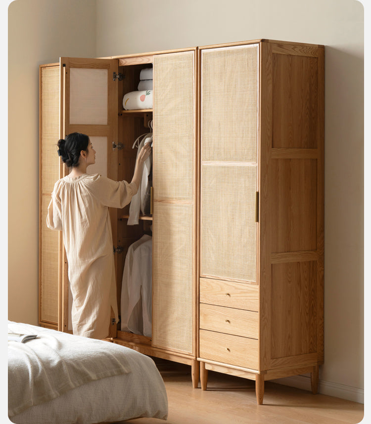 Solid Oak Wood Rattan Wardrobe - Stylish Storage for Bedroom, Living Room & Closet Organization