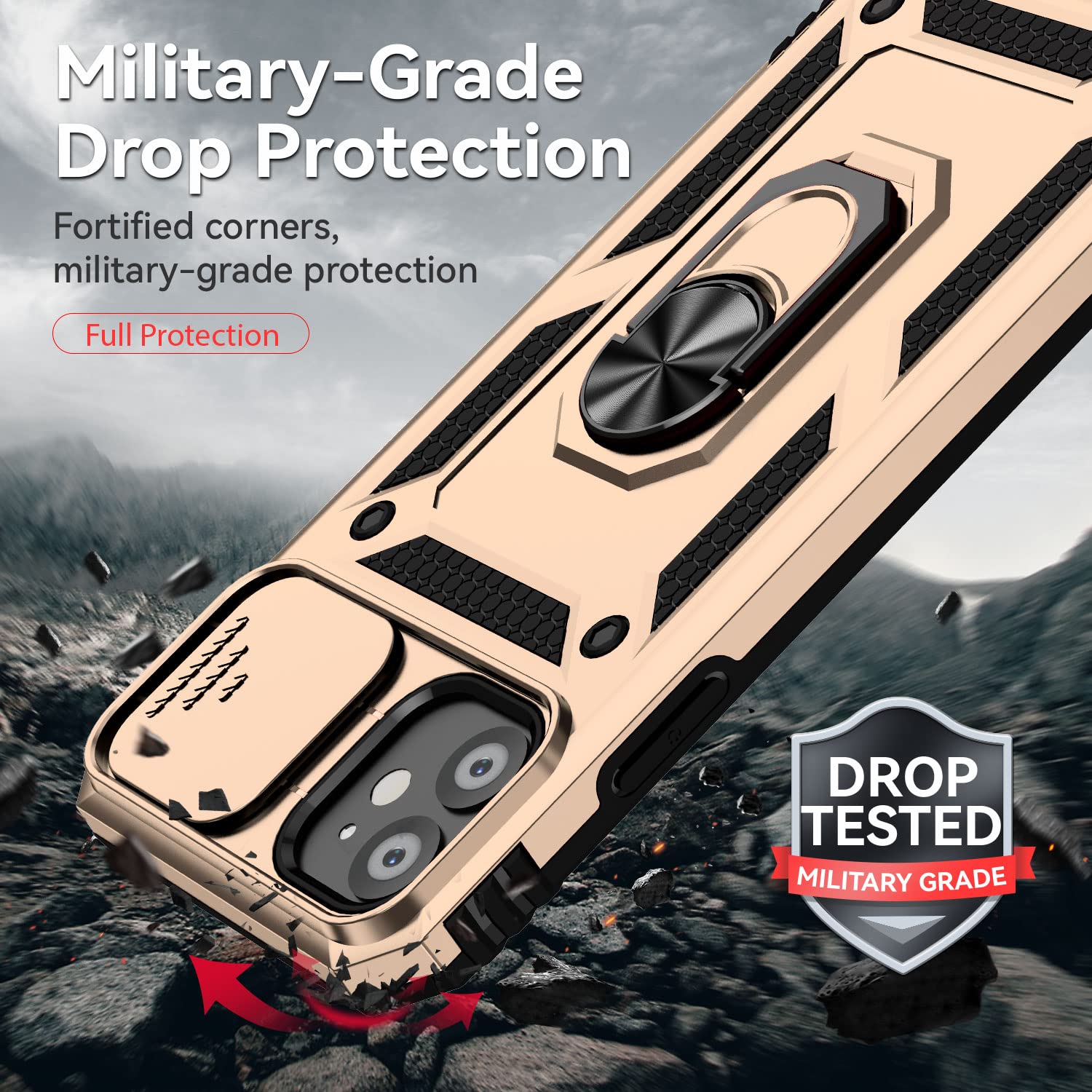 Hitaoyou iPhone 11 Case with Camera Cover & Kickstand - Military Grade Shockproof Heavy Duty Protective Magnetic Phone Cover for iPhone 11 (Gold) - Perfect for Outdoor Activities, Travel and Daily Protection