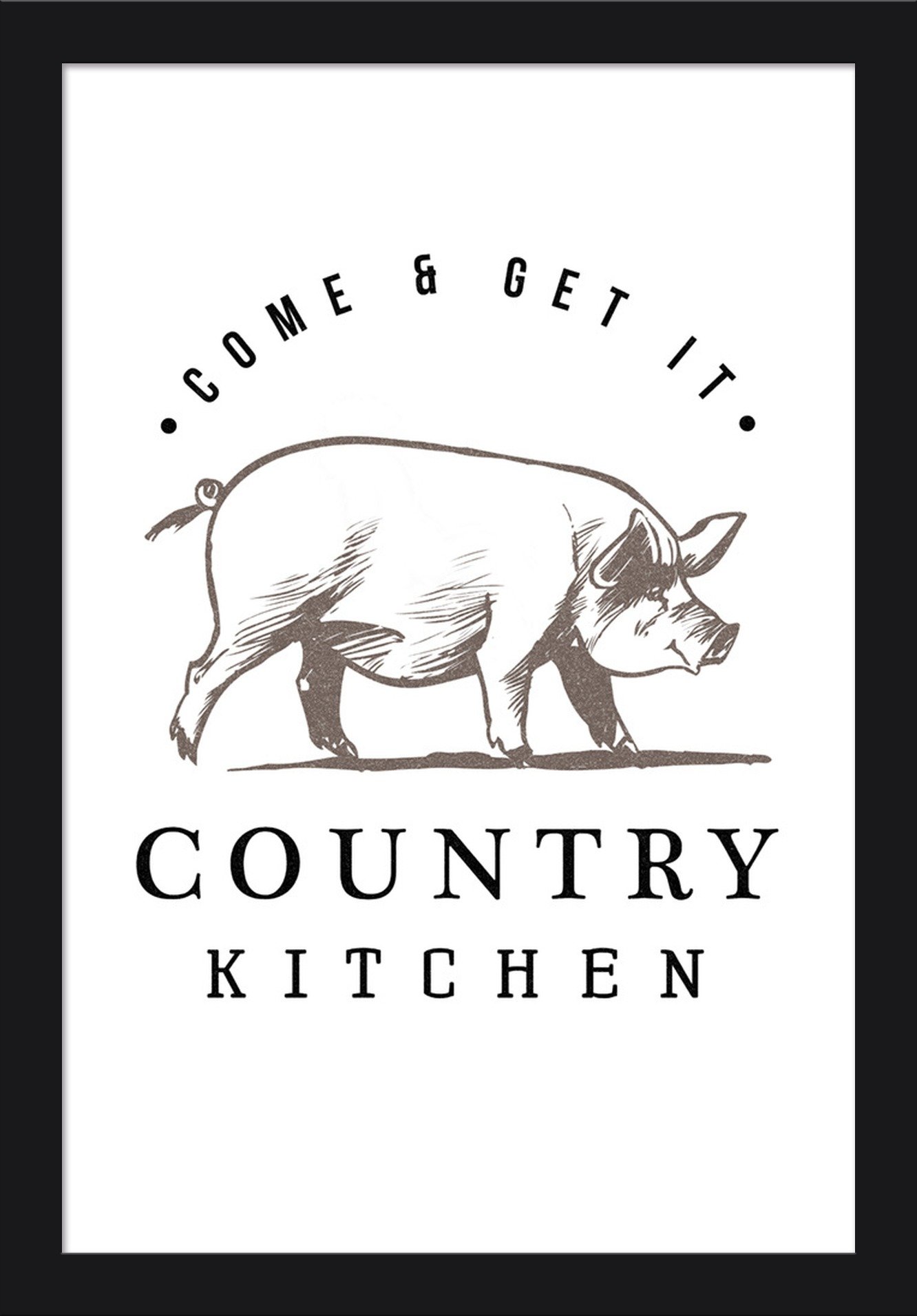 Country Kitchen Pig on White - 16x24 Inch Giclee Fine Art Print with Recycled Wood Frame in Black - Perfect for Farmhouse Decor, Kitchen Wall Art & Rustic Home Interiors
