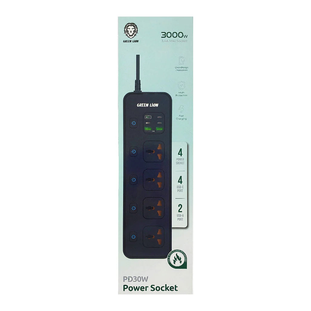 Green Lion PD30W Fast Charging Power Socket - Black | USB-C & USB-A Ports | Quick Charge for iPhone, Android, Samsung | Perfect for Home, Office & Travel