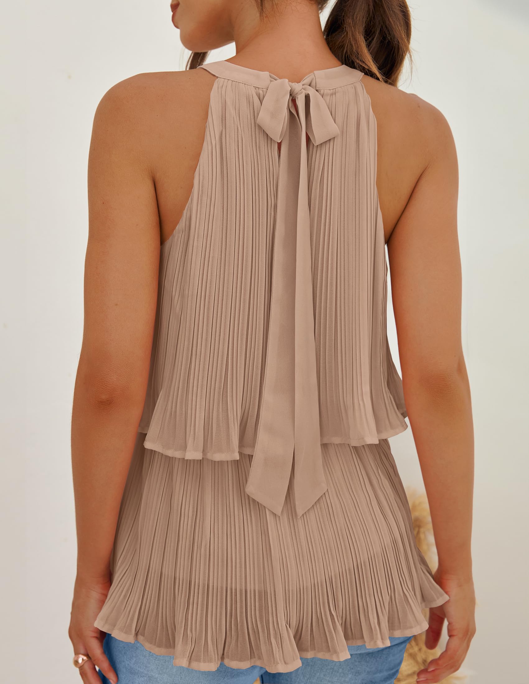 ZESICA Women's Summer Halter Tank Tops - Casual Sleeveless Ruffle Blouse with Layered Chiffon Design | Perfect for Beach, Vacation & Summer Outfits