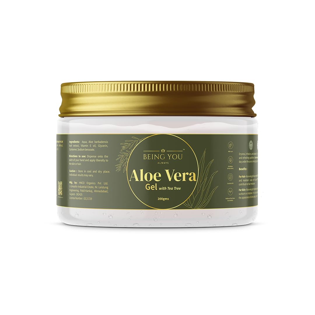 Pure Aloe Vera Gel with Tea Tree Oil & Vitamin E for Skin, Face & Hair Care | Hydrating & Repairing Treatment for Dry Skin & Damaged Hair | Soothing Scalp & Skin Renewal | Paraben-Free, Sulfate-Free, 200g | Perfect for Sunburn Relief, Daily Moisturizing & Hair Conditioning