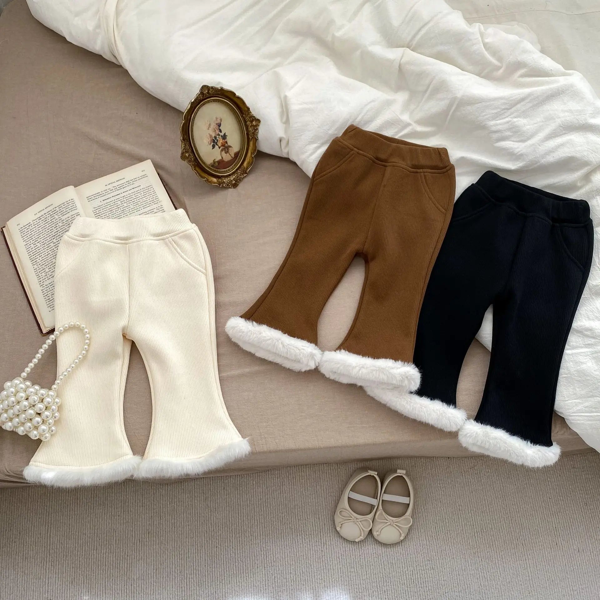 Girls' Winter Fleece-Lined Velvet Bootcut Pants - Thick Warm Cotton Casual Trousers for Baby & Toddler | Outdoor Play, School, Cold Weather