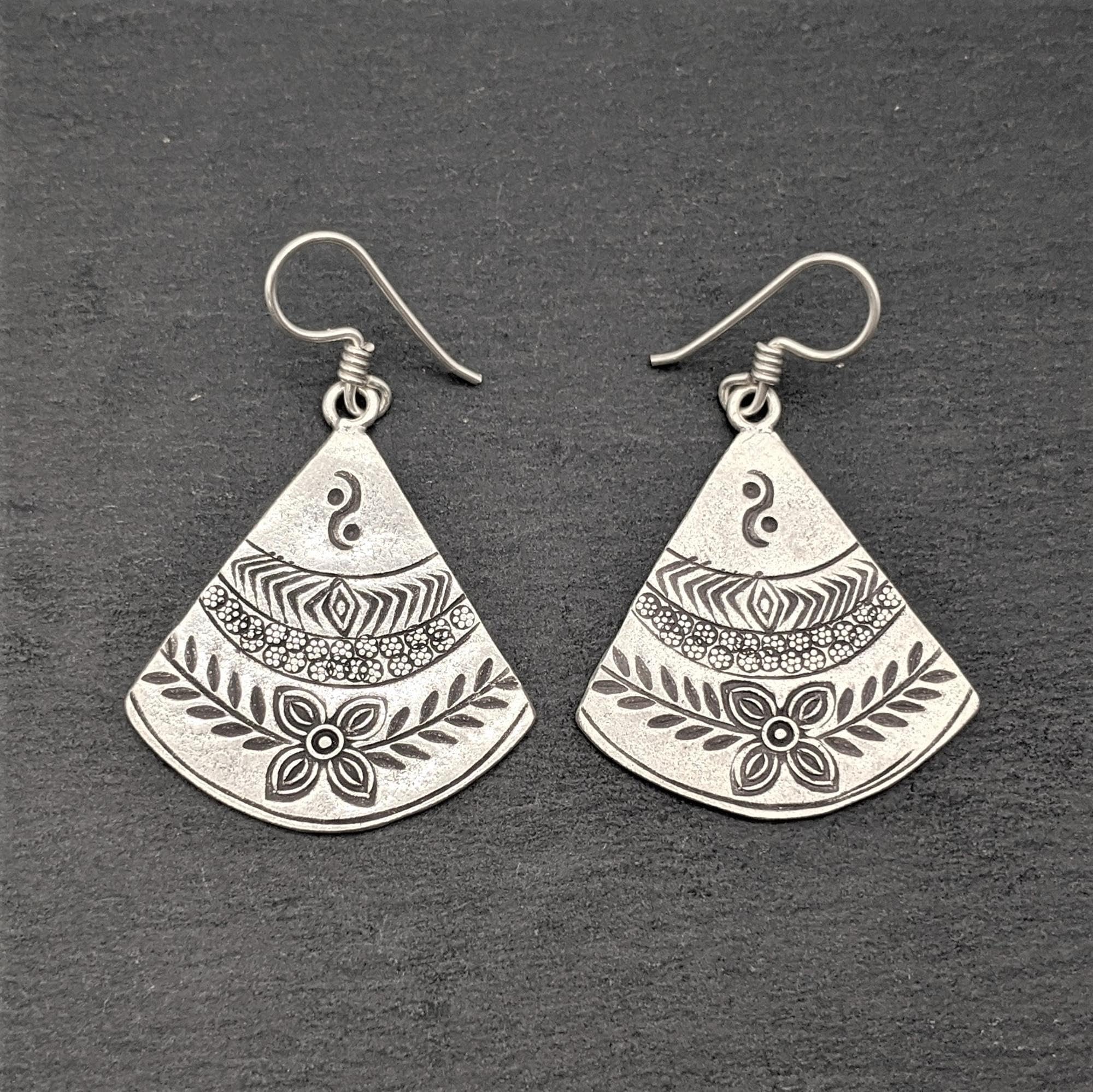 Women's 999 Fine Silver Karen Hill Tribe Fan Triangle Tribal Leaf Engraved Earrings - Handmade Sterling Silver Jewelry for Women - Perfect for Boho Fashion, Ethnic Style & Special Occasions