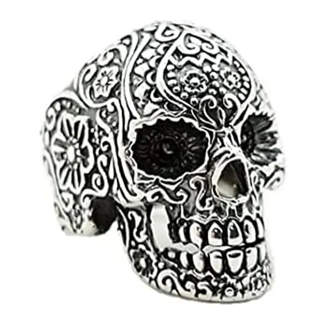 GoSteel Men's Sugar Skull Ring - Gothic Punk Jewelry for Men, Stainless Steel Skeleton Hand Design, Adjustable Size, Perfect for Halloween, Day of the Dead, Rock Concerts & Alternative Fashion