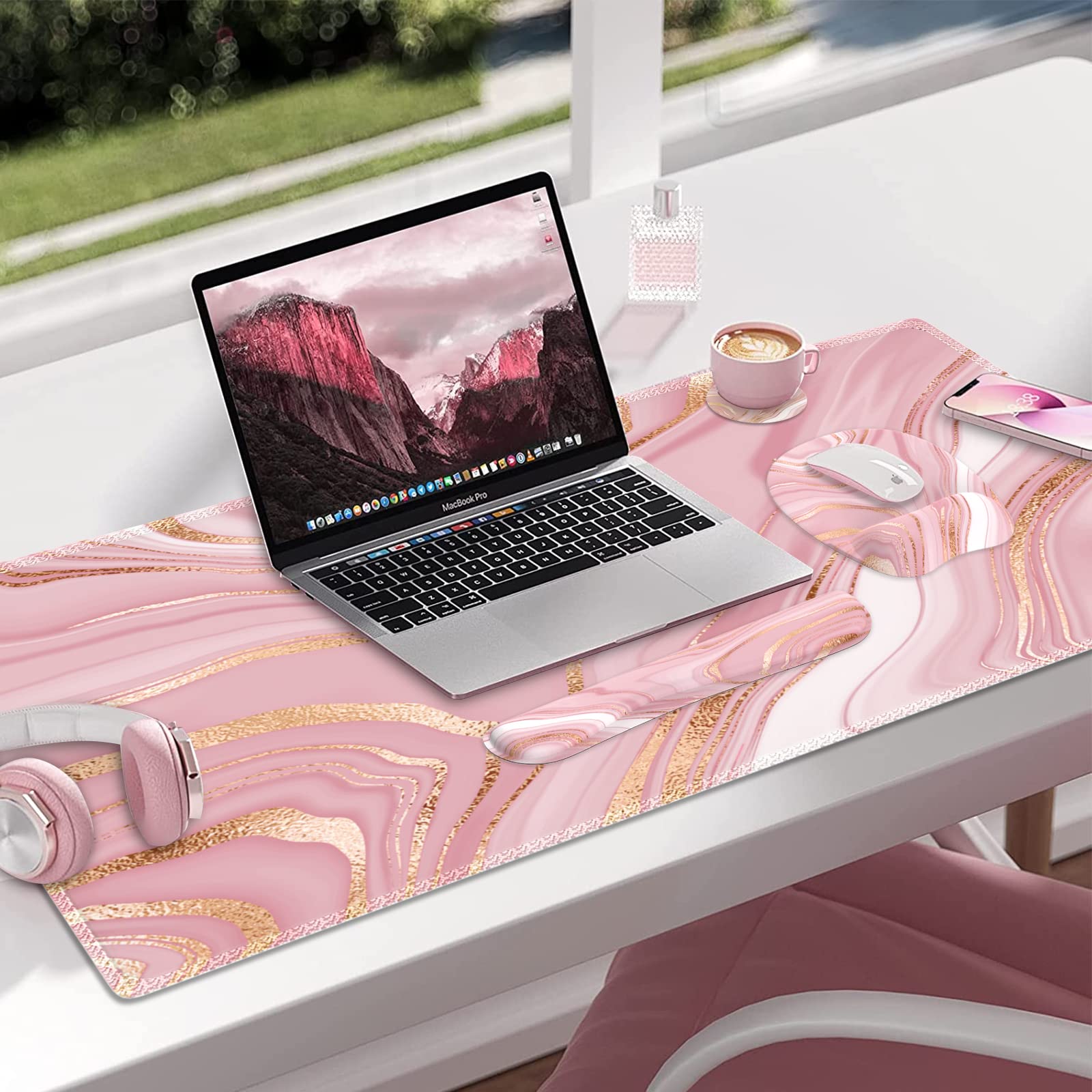 Premium Pink Rose Gold Desk Mat Set - Ergonomic Mouse Pad with Wrist Support & Keyboard Wrist Rest, Non-Slip Office Accessories for Comfortable Computer Work - Perfect for Home Office, Gaming & Workspace Setup
