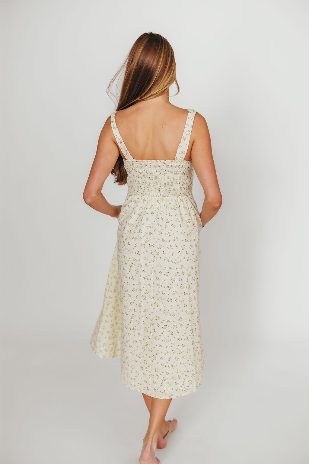 Tinsley 100% Cotton Floral Print Midi Dress - Cream | Women's Summer Casual Dress for Beach, Brunch & Date Night