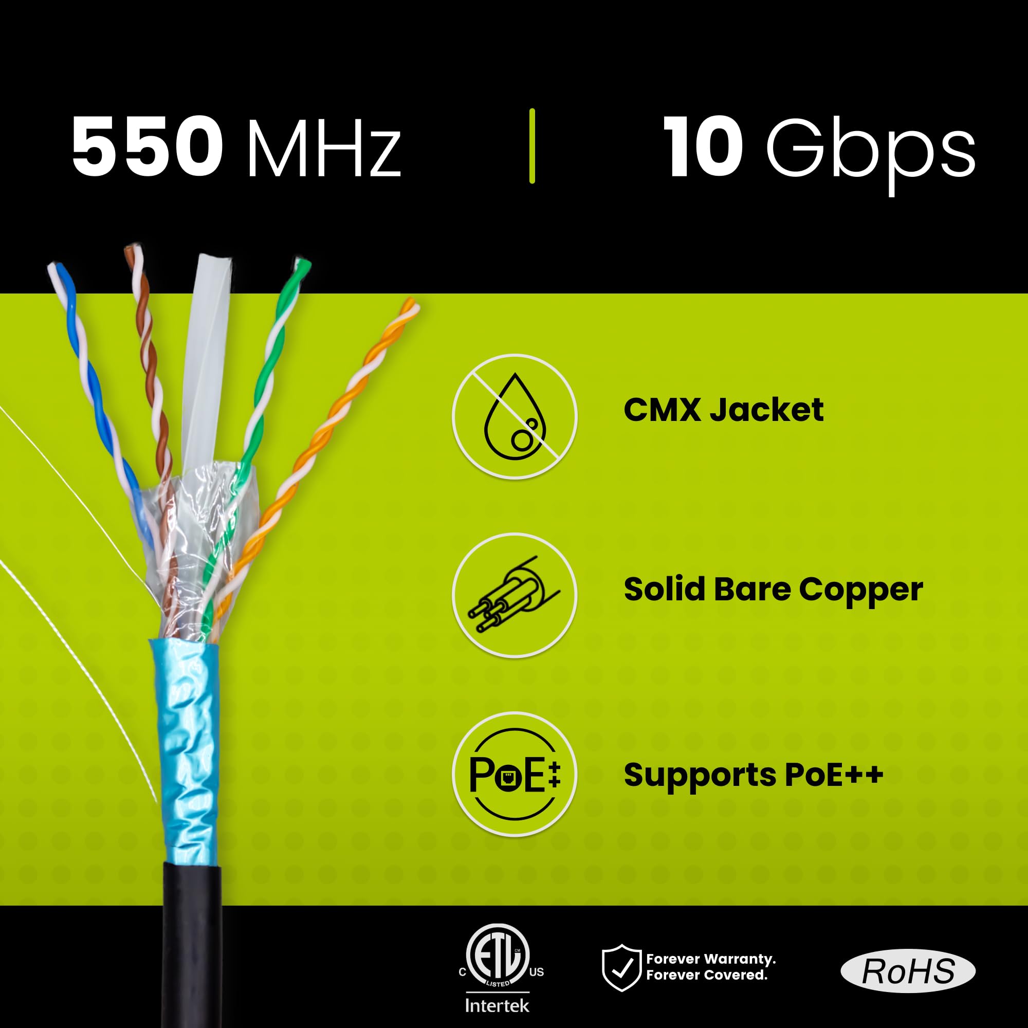 trueCABLE Cat6 Outdoor Shielded Ethernet Cable - 1000ft, UV Resistant, CMX Rated, Black, 23AWG Solid Bare Copper, 550MHz, PoE++ (4PPoE) - Perfect for Outdoor Networking, Security Cameras, and High-Speed Internet Installations