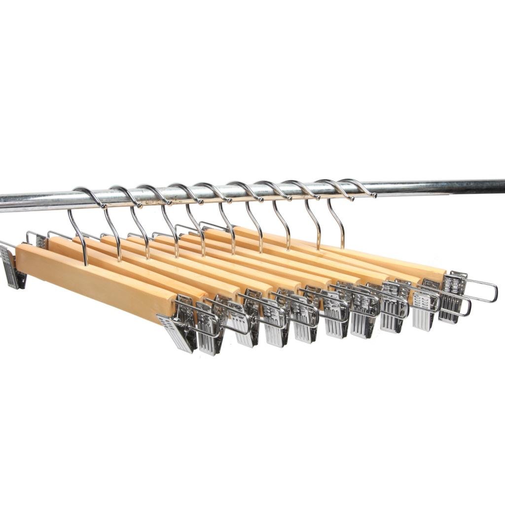 10-Pack Natural Wooden Pant & Skirt Hangers with 2 Adjustable Rust-Resistant Clips - Space-Saving Closet Organizer for Pants, Skirts & Dresses