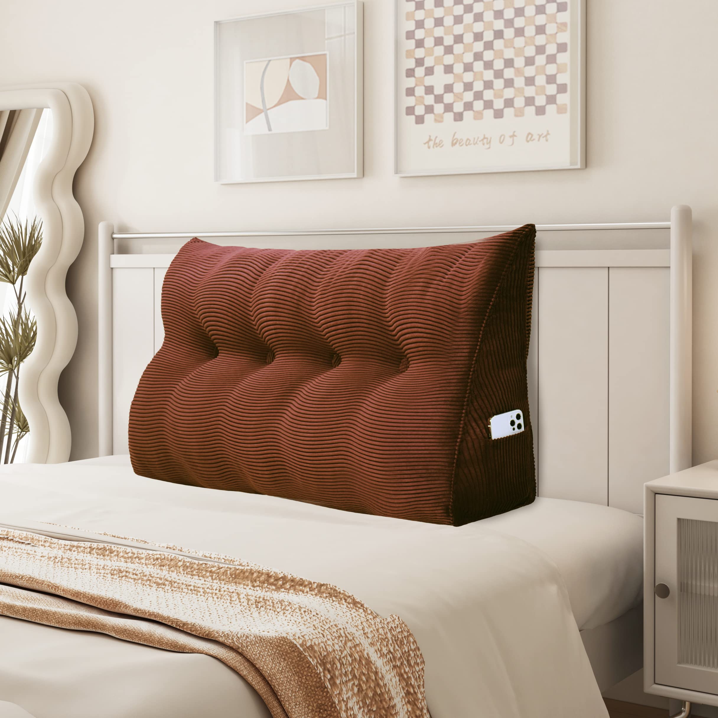 **Large Corduroy Headboard Wedge Pillow - Upholstered Triangle Backrest Support for Sitting Up in Bed, Reading, or Sofa Use - Lumbar Positioning Bolster Cushion (Brown, Full Size) - Perfect for Relaxing, Watching TV, or Back Pain Relief**
