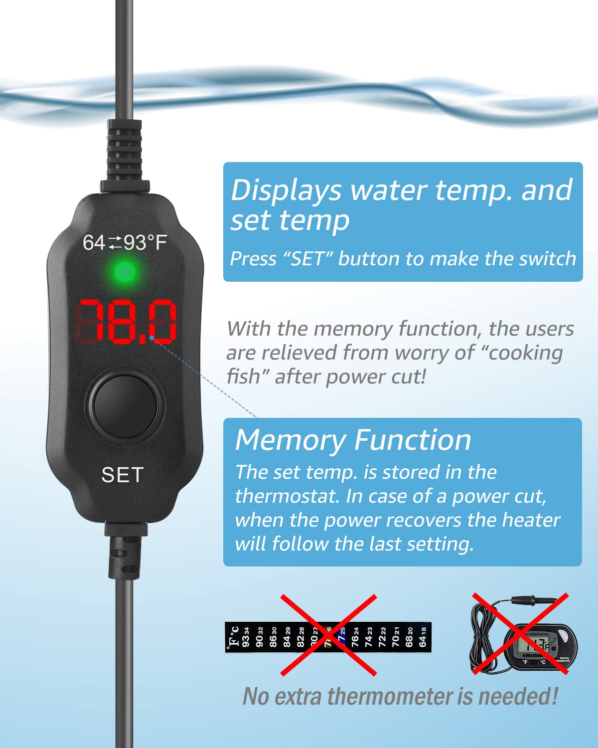 300W Adjustable Submersible Aquarium Heater with LED Digital Display Thermostat - Super Short Fish Tank Heater for 40-60 Gallon Tanks | Perfect for Tropical Fish, Saltwater & Freshwater Aquariums, Home or Office Decor