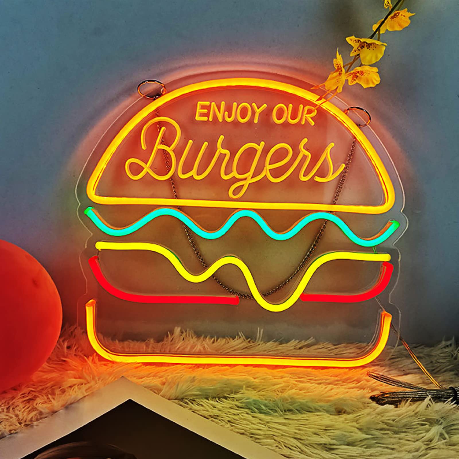 Creative LED Burger Neon Sign - USB Powered Dimmable Acrylic Wall Light for Home Bar, Restaurant & Cafe Decor - 30x26.5cm (11.8x10.4in) Retro Fast Food Themed Ambient Lighting for Kitchen, Diner & Man Cave