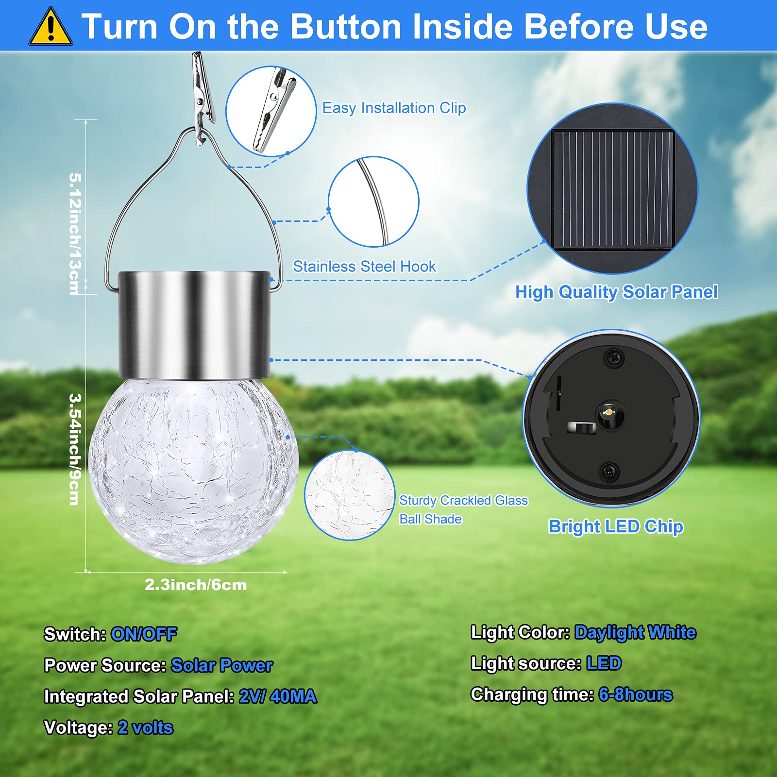 12 Pack Solar Powered Outdoor Hanging Lights - Waterproof Crackle Glass Ball String Lights with Hooks for Garden, Patio, Balcony & Christmas Decor (Daylight White) | Perfect for Backyard Parties, Wedding Decorations & Holiday Lighting