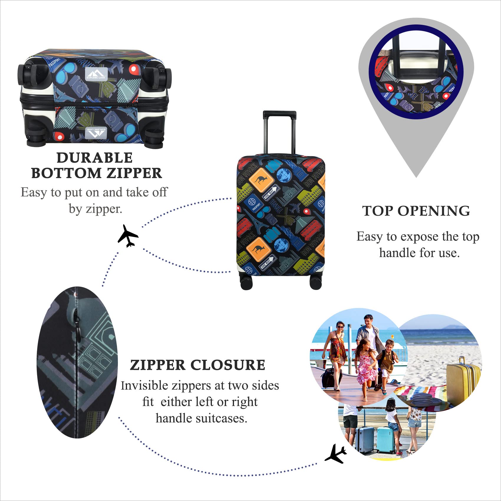 23-26 Inch Suitcase Cover - Waterproof Luggage Protector for Travel | Fits Most Airlines | Perfect for Airplane, Train & Cruise Travel (Bon Voyage, M)