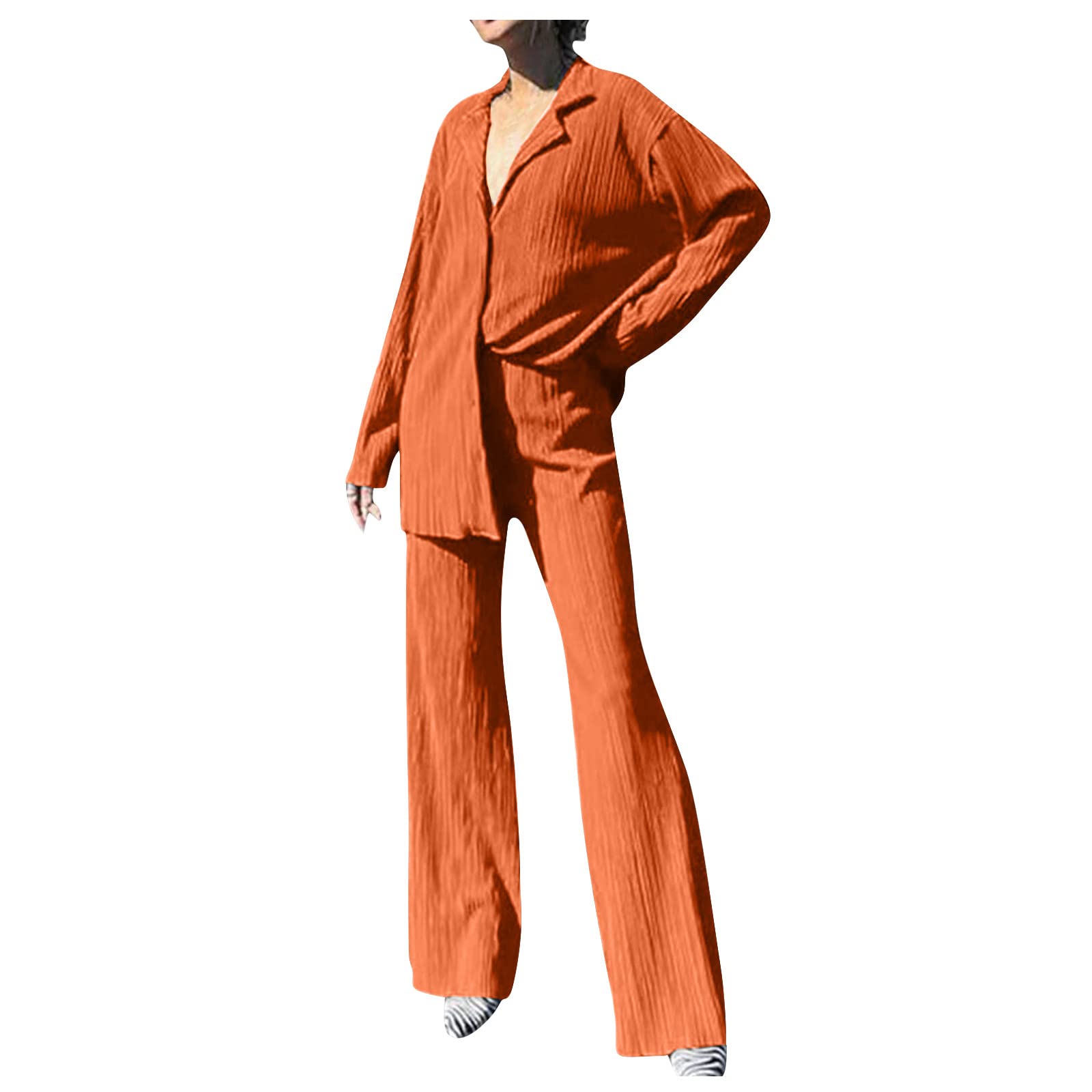 FIRERO Women's 2-Piece Outfit Set - Long Sleeve Button Down Blouse & Wide Leg Pants - Dressy Casual Loose Fit Tops & Bottoms for Work, Office & Everyday Wear