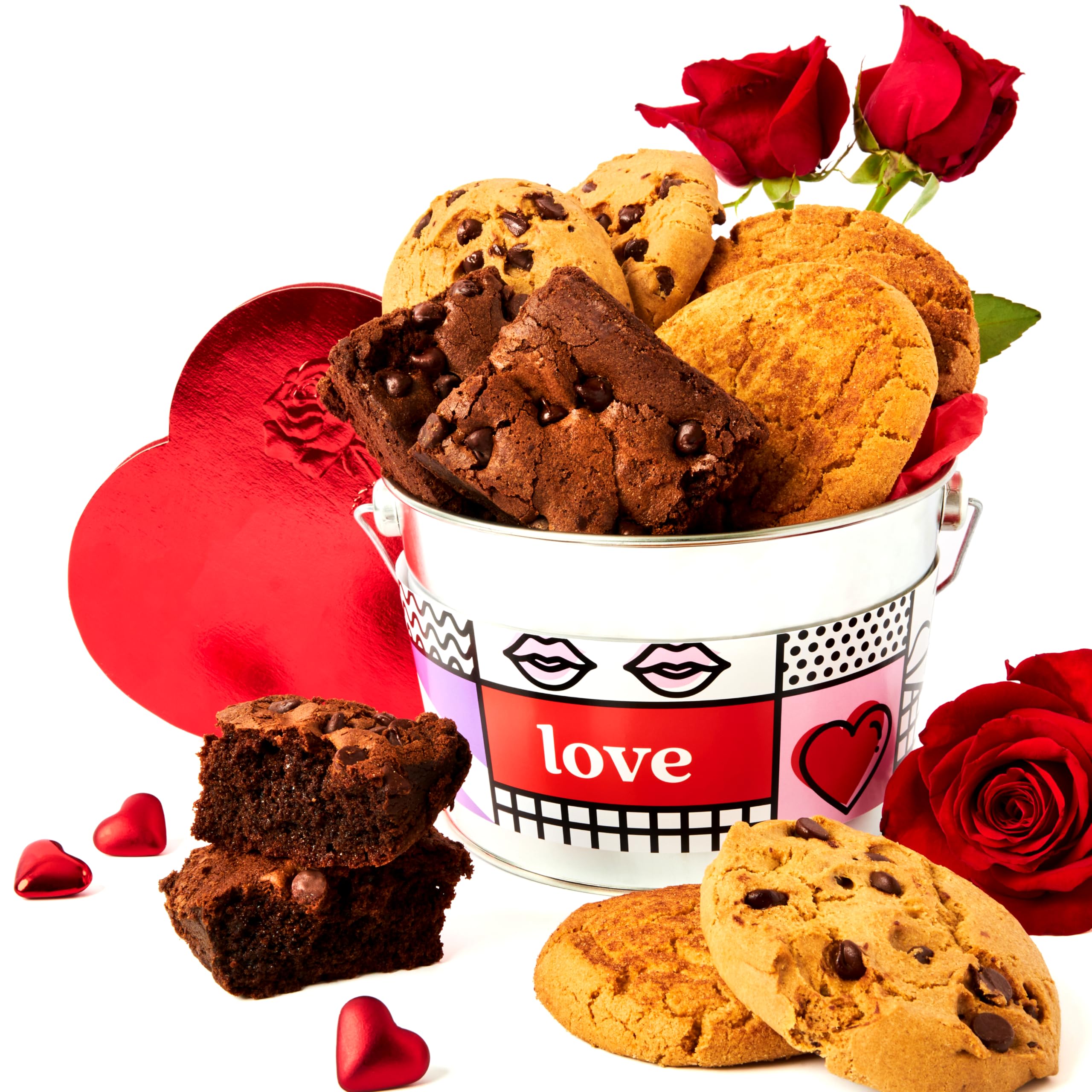 Gluten-Free Assorted Cookies & Brownies Sampler Bucket - 1.3Lbs Freshly Baked Gourmet Gift for Valentine's Day, Birthdays & Holidays - Love-Themed Decorated Cookie Bucket (No Roses) - Perfect for Gifting, Parties & Special Occasions