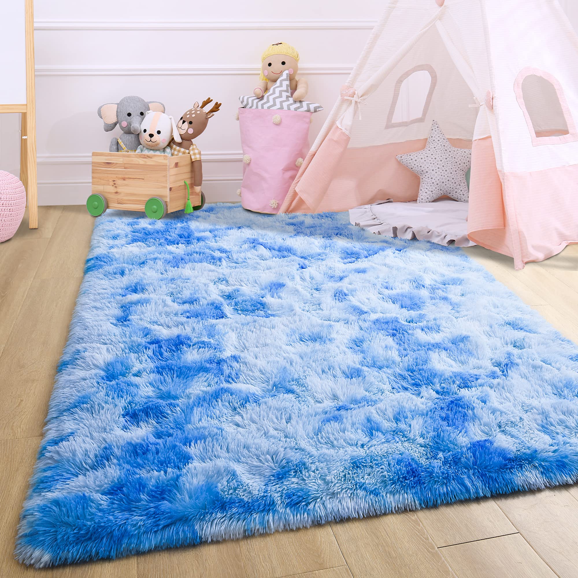 Noahs 4x6 Fluffy Kids Rugs - Soft Blue Tie-Dyed Rainbow Nursery Carpet for Girls Bedroom | Non-Slip Playroom Rug, Shaggy Floor Mat for Toddler Room Decor & Kids Play Area | Perfect for Bedrooms, Daycare Centers, and Play Spaces