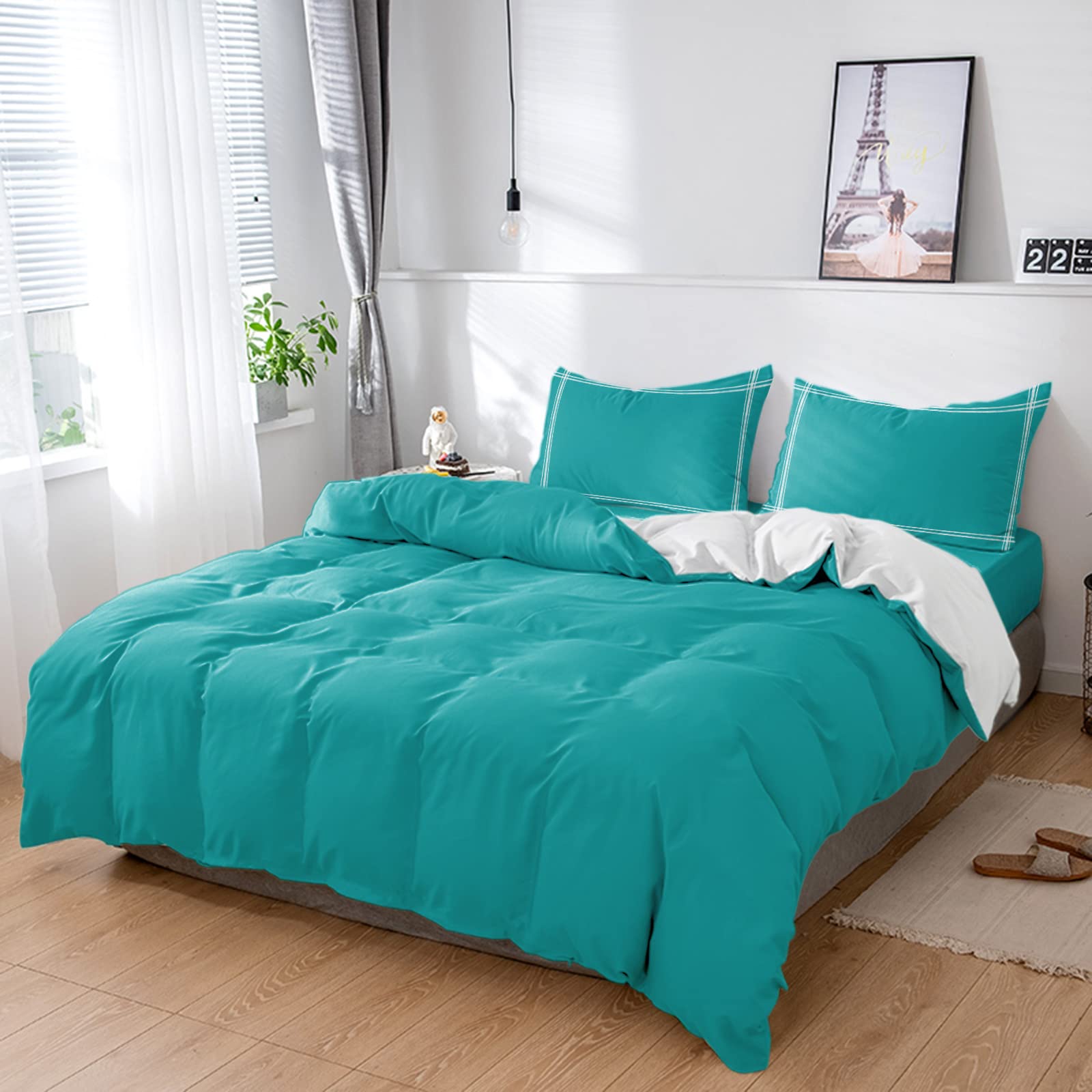 ZFUNCING Queen Duvet Cover Set - 4 Piece Turquoise Teal Washed Microfiber Comforter Cover with Pillowcases | Ultra Soft Bedding for Cozy Sleep | Perfect for Master Bedroom, Guest Room & Dorm Decor