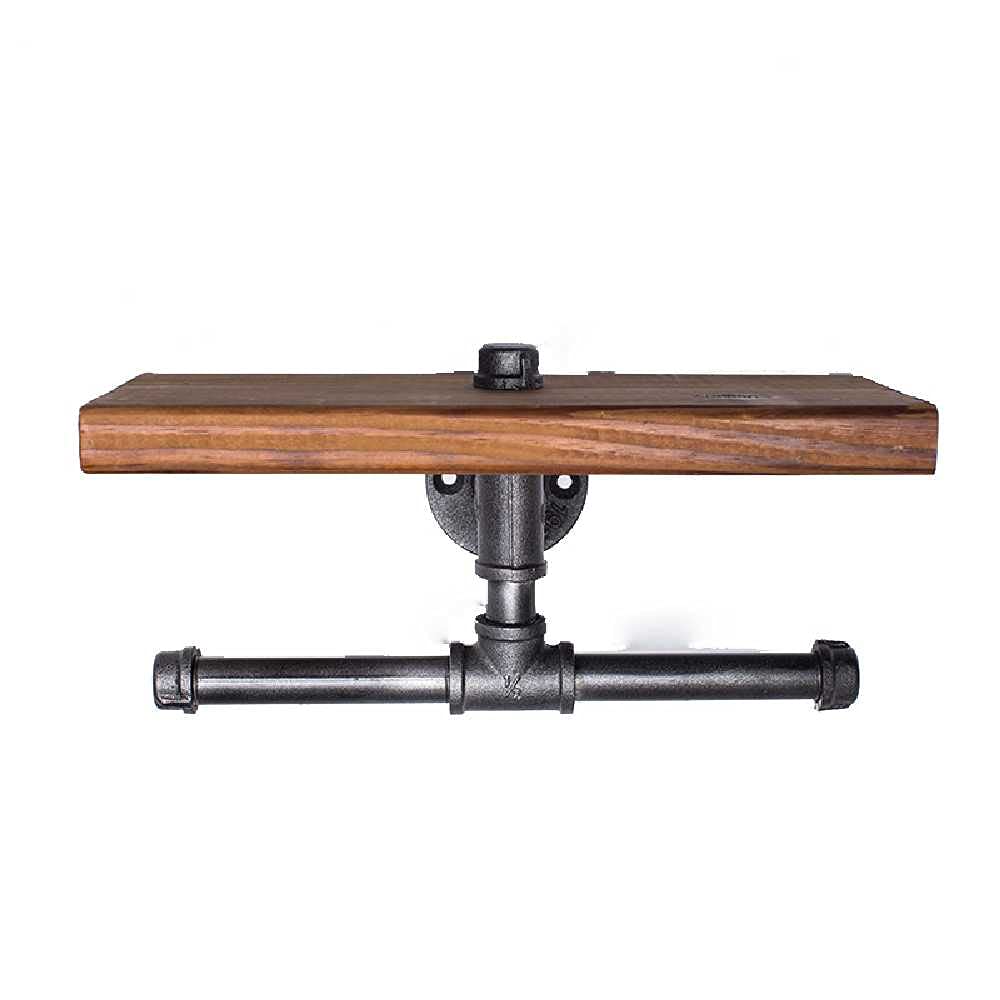 Vintage Industrial Toilet Paper Holder with Rustic Wooden Shelf & Cast Iron Pipe - Retro Bathroom Tissue Roll Dispenser for Farmhouse, Loft & Industrial Style Decor